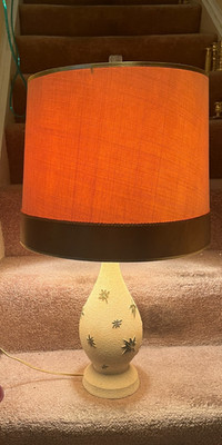Signed FAIP (Fine Arts in Plaster) MCM CHALKWARE 3-WAY LAMP WITH MCM SHADE.