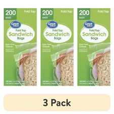 (3 pack) Great Value Fold Top Sandwich Bags, 200 Count