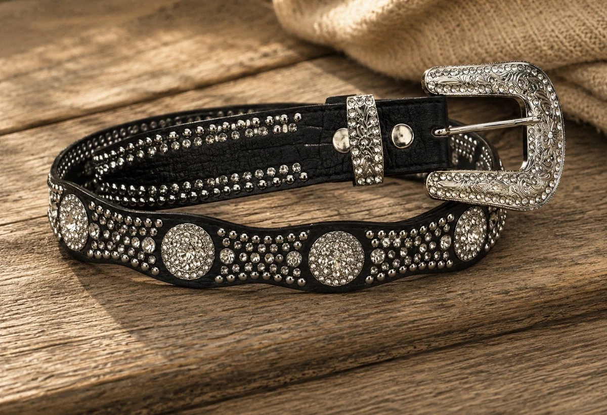 Nocona Belt Co Womens Black Statement Concho Belt Silver‎ Studded Rhinestone Tony Lama Black Leather Rhinestone Concho Belt Western Size 36 main image 2