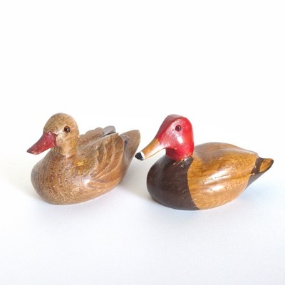 Lot of 2 Vtg Hand Carved Wooden Ducks Old Rustic Folk Art Hunting Decoy Decor