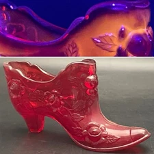 Fenton Ruby Red Cadmium Cabbage Rose Shoe Salt Cellar c1980s USA 5.75" length