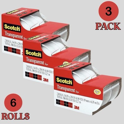 Scotch Transparent Tape 3/4'' x 250'', 3 Pack (6 Rolls) Strong Clear Adhesive 3M