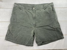 Carhartt Mens 36 Shorts Green Duck Canvas 7 in Inseam Distressed Logo Vintage