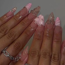 24Pcs Pink French Tip Press on Nails Medium Almond Fake Nails with Rhinestone...