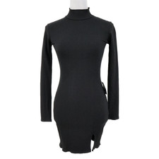 Lulus Sweater Dress Womens Small Black Ribbed Turtleneck Front Slit Bodycon New