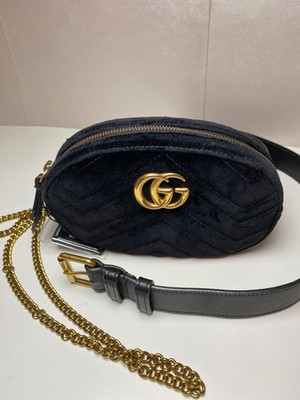 GUCCI GG Marmont Waist Belt Bag 476434 Velvet Black Pink Gold + Crossbody Strap