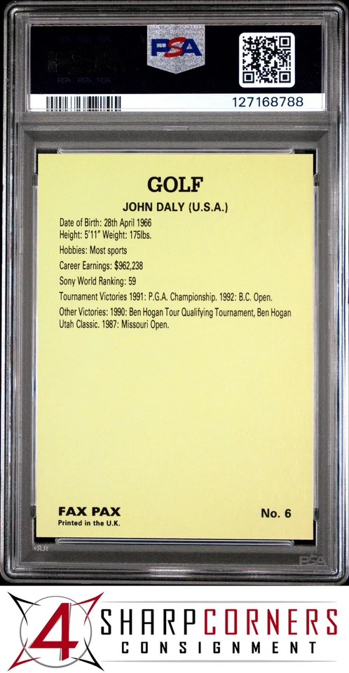 1993 FAX-PAX FAMOUS GOLFERS #6 JOHN DALY POP 5 PSA 10 - Image 2 of 3