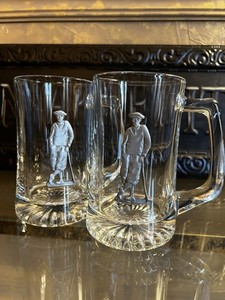 2 PC VTG Clear Glass Golf Beer Mug Steins w/ Metal Pewter GOLFER Set