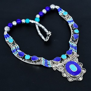 Turquoise Lapis Lazuli Handmade Boho 925 Sterling Silver Nepali Necklace 18