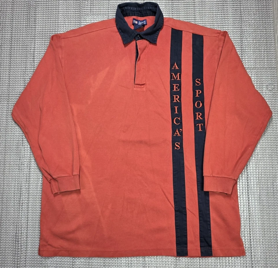 Vtg 90 Arrow Sport Rugby Polo Embroider Logo Long Sleeve Shirt Mens XL Orange - Image 2 of 4