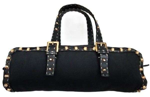 BEAUTIFUL FENDI SELLERIA BLACK COTTON GOLD STUDDED LONG BAGUETTE BAG