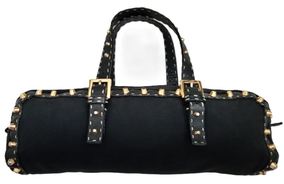 BEAUTIFUL FENDI SELLERIA BLACK COTTON GOLD STUDDED LONG BAGUETTE BAG