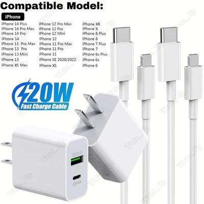 For iPhone14 13 12 11 X Fast Charger QC PD 20W Power Adapter USB C Charging Cord
