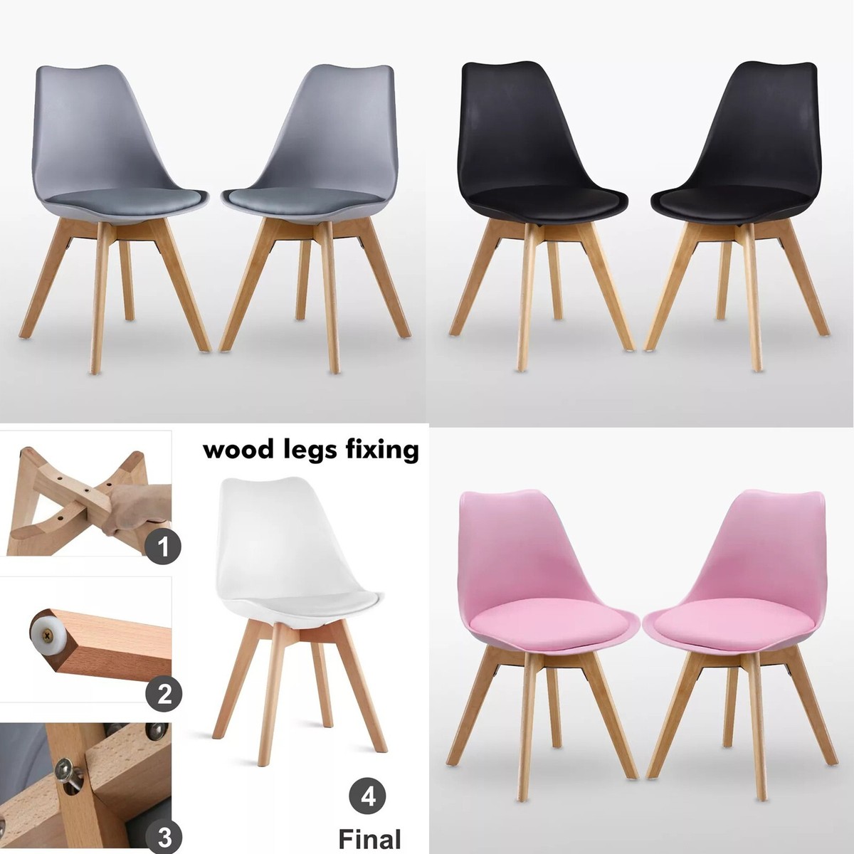 Tulip Dining Chair Padded Seat Eiffel Wood Legs (SETS OF 1,2,4