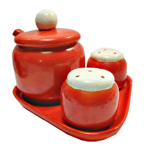 Abejorro: sal, pimienta y mostaza - juego con cuchara roja alrededor de 1950 - esmalte frotado 🙂 - Imagen 1 de 4