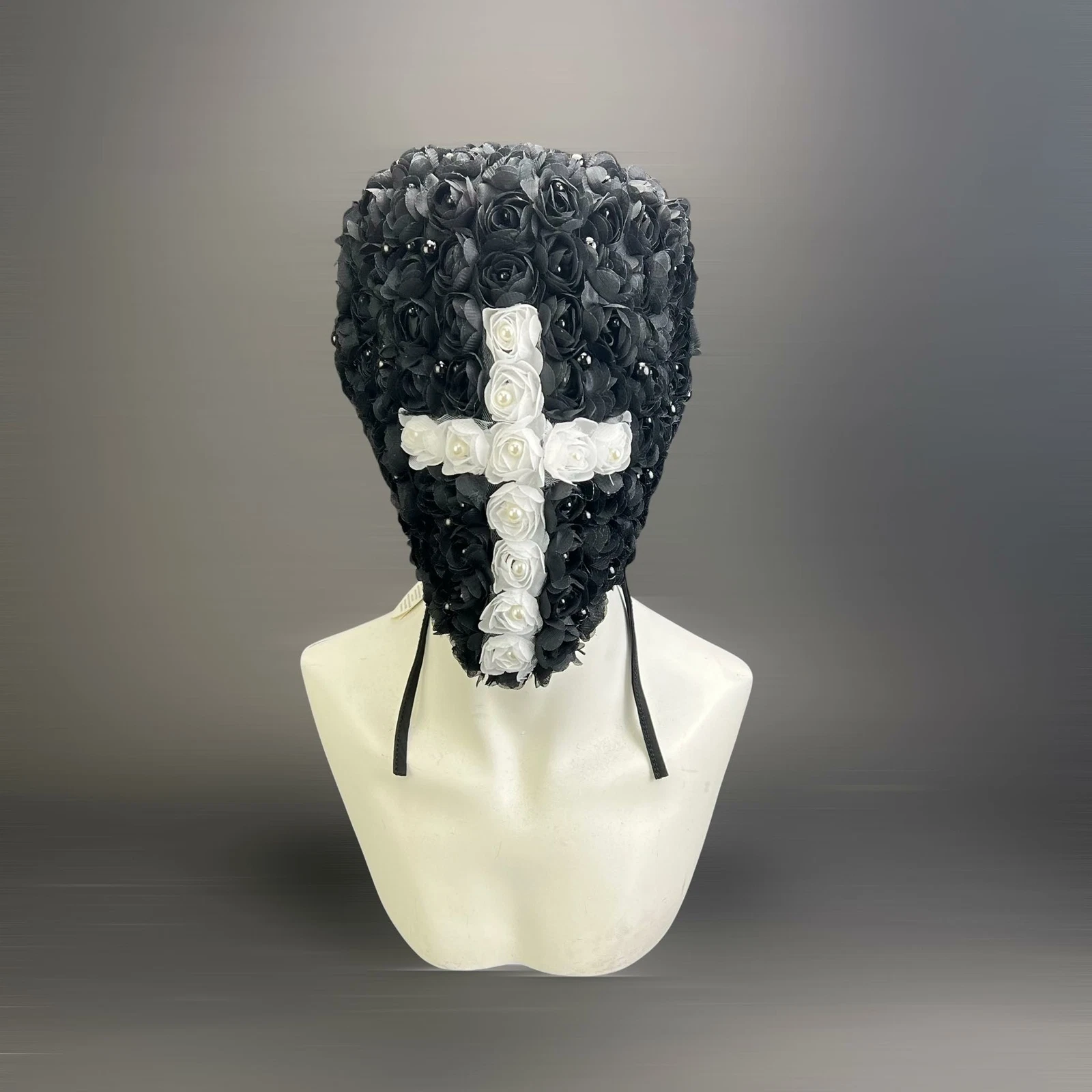 BLACK STUDDED WHITE CROST FLORALS FULL FACE OVER THE HEAD MASK HAUTE COUTURE -