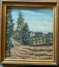 Oil Painting Frame Unreadable Couple Meadow Birch Fence Blue Sky Pasture Oil