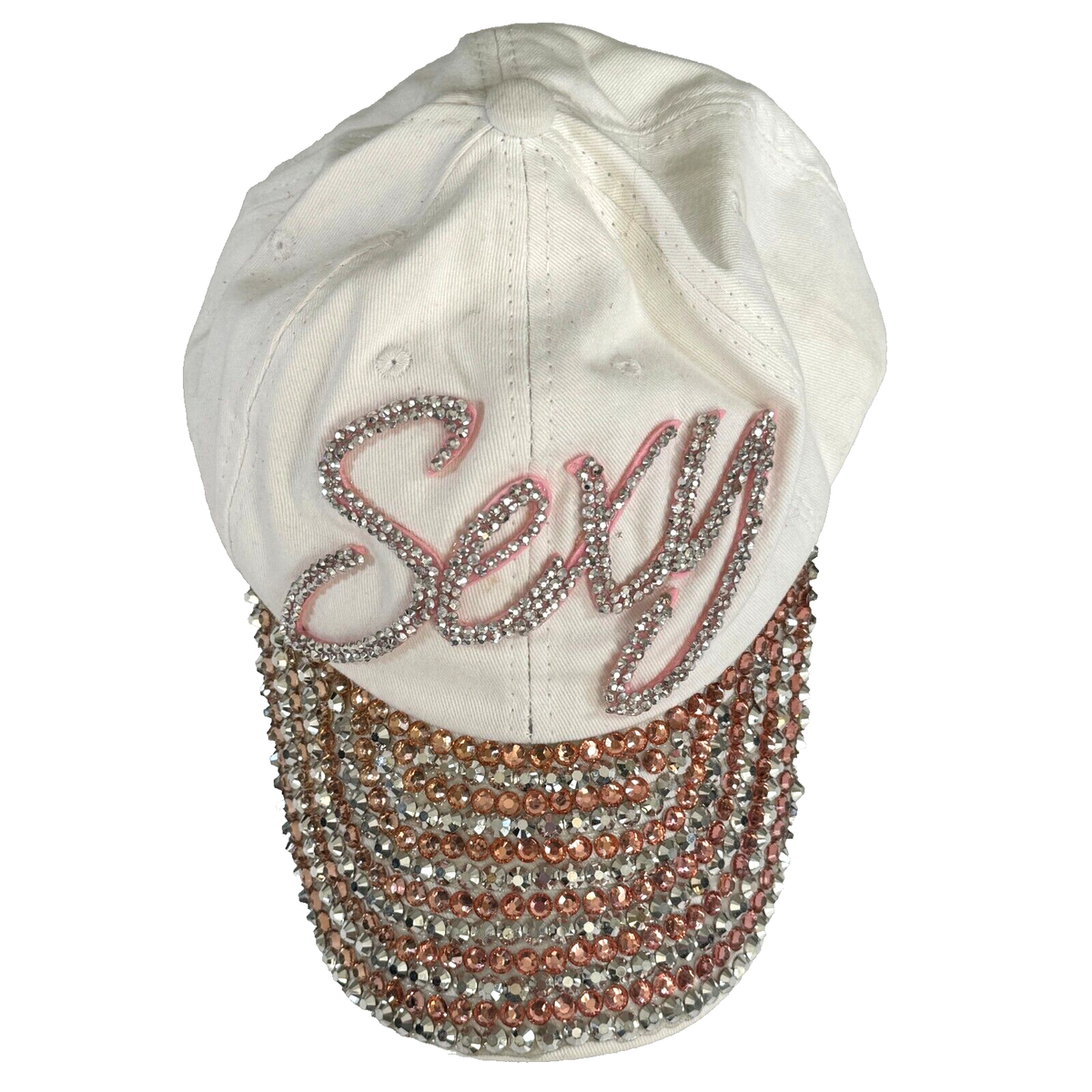 Hat Cap Sexy Rhinestone pink white silver vintage adjustable 