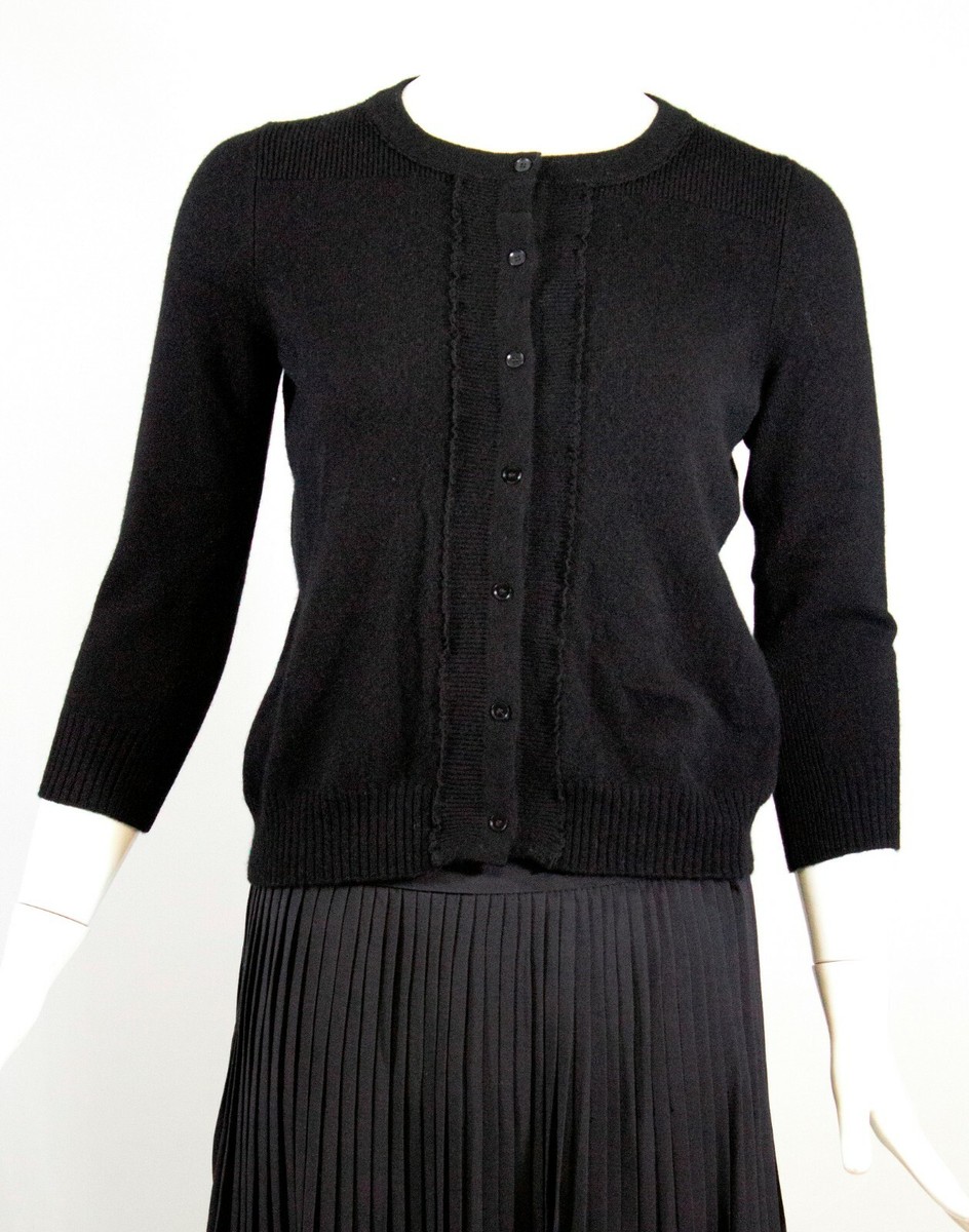 ROCHAS Italy Black Cashmere Rib Knit Lace Trim Button Front