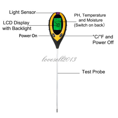 NEW 4 In 1 LCD Soil Moisture Humidity Temperature Sunlight PH Tester Meter
