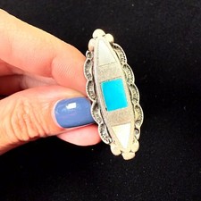 VTG Womens Sterling Silver Mother of Pearl Turquoise Inlay Navajo Elongated Ring