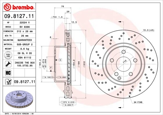 Brembo 2 Bremsscheiben Coated Disc Line BelüFtet 312 Mm (09.8127.11) |-image