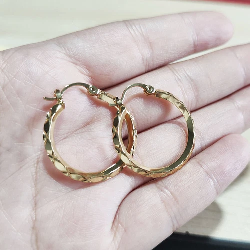 9ct Yellow Gold Diamond Cut Creole Hoop Earrings - 25mm Diameter - Picture 5 of 9