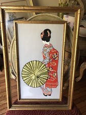 Beautiful GLASS FRAMED NEEDLE PUNCH PICTURE JAPANESE GIRL WOMAN GEISHA