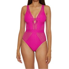 BECCA BY REBECCA VIRTUE Show & Tell Plunge One Piece Swimsuit Azalea Pink M NWT