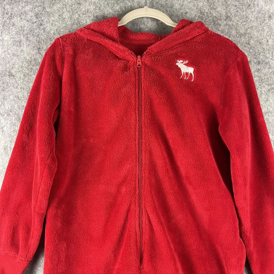 Abercrombie Fitch Kids One Piece Pajama 15/16 Red Hooded Moose Cozy Christmas - Image 2 of 4