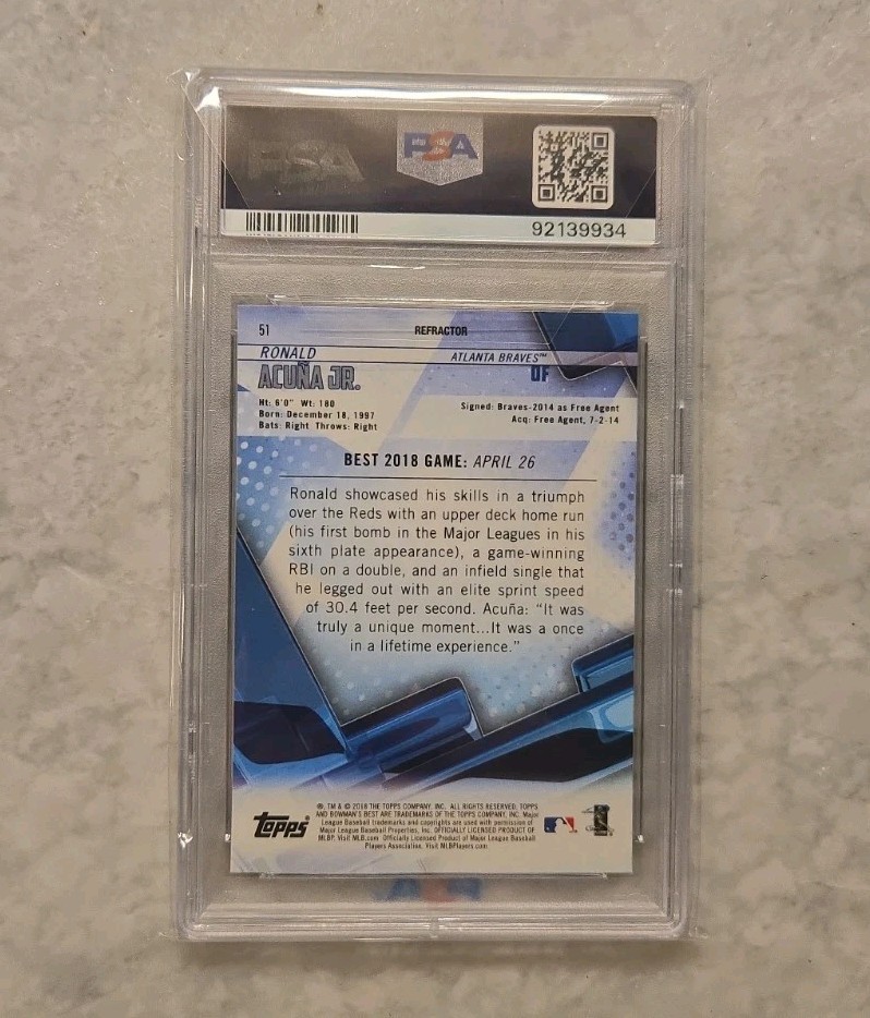 2018 Bowmans Best Ronald Acuna Jr. Refractor PSA 10 Rookie Card Braves view 2