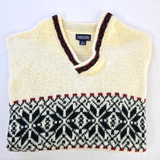 VTG Wool Fair Isle Snowflake Geometric Sweater V-Neck Cream Mens XL USA Made