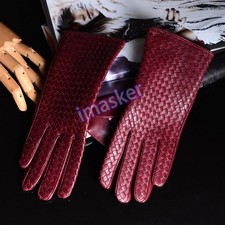 Women's Real Woven Leather Winter Carmine Goatskin Touch Screen Driving Gloves
