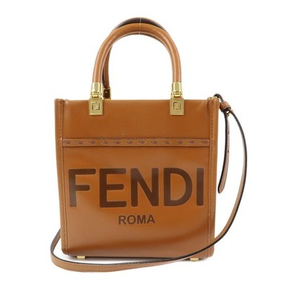 FENDI Leather Sunshine Shopper Small 2Way Hand Bag Brown 8BS092 Auth Used F/S