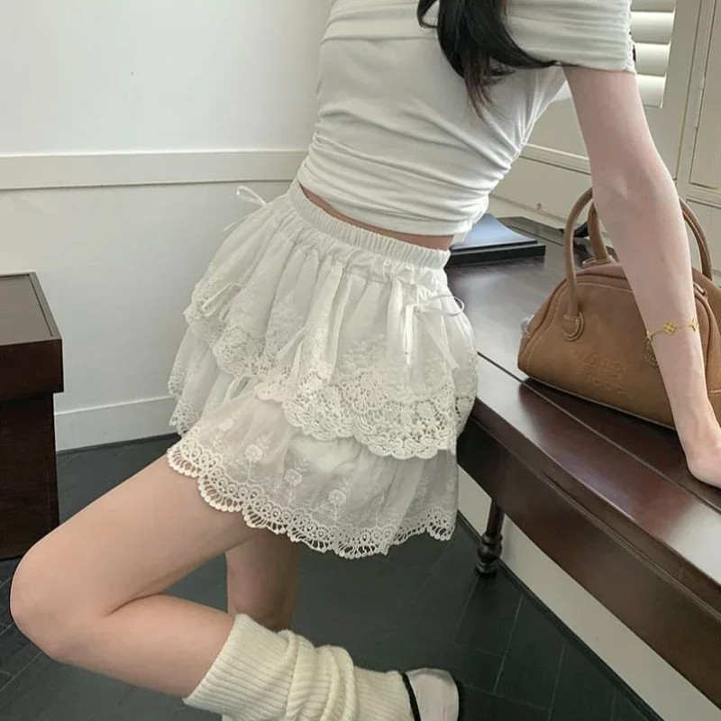 Deeptown Coquette White Lace Short Skirt Ruffle Women Sweet Bow