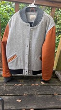 Dehen 1920 Varsity Jacket XL Gray Wool Tan Leather Sleeves Made in USA Portland