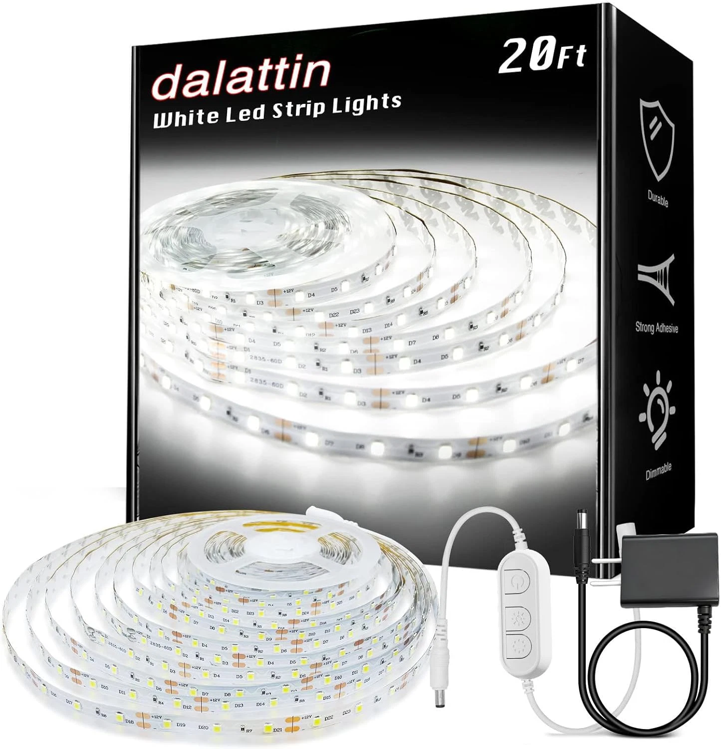 Dalattin White LED Strip Lights, 20Ft Dimmable Super Bright 24V Led Tape Light 6