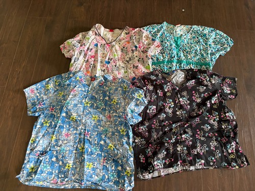 Lot Of 4 Womens Size XL Scrub Tops Floral/ print