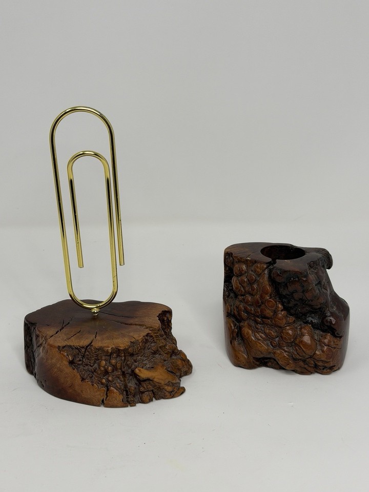 A matched burl wood desk set with letter and pen holders — warm, organic, and rustic in a way no flat-pack organizer can replicate.