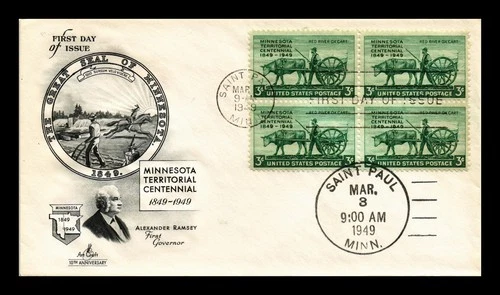 US COVER MINNESOTA TERRITORY CENTENNIAL FDC SCOTT 981 BLOCK OF 4 HAND CANCEL