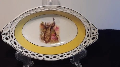 Vtg. BAVARIA RCW Reticulated Oval Porcelain Serving Bowl  Peacock & Flowers 7.5"