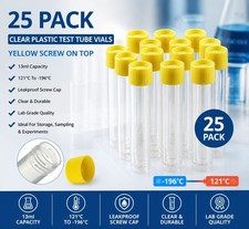 25 Clear Plastic Test Tube Vials Yellow Screw on Top 13ml 121 C To -196 C 2480TG