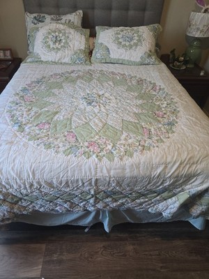Vtg 1980s Broken Star Patchwork Quilt Set Queen Pastel Pink Green Floral 2 Shams