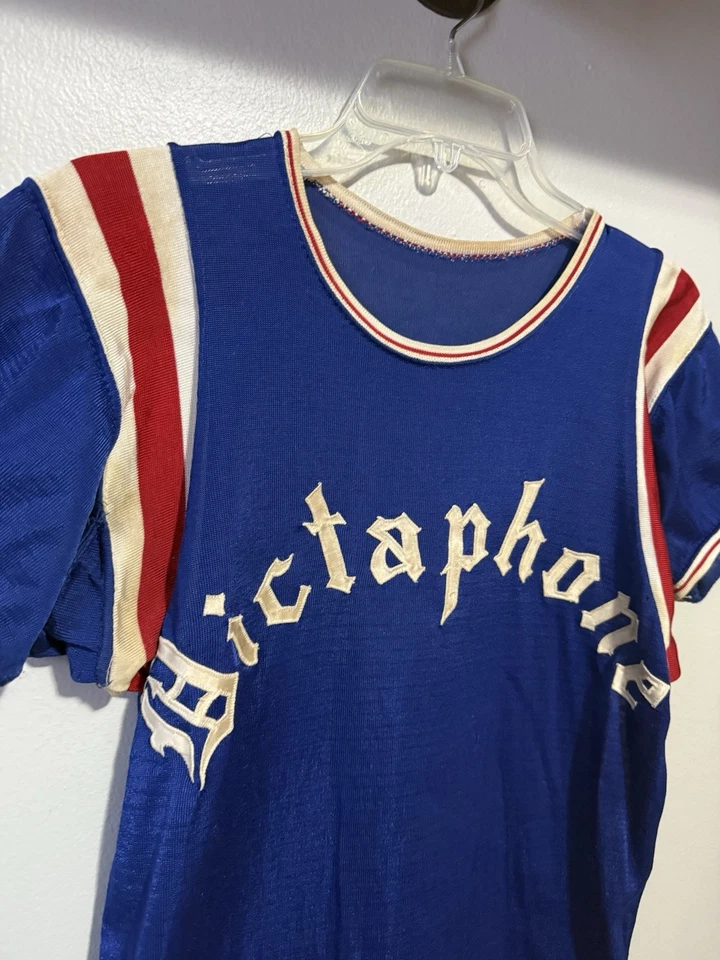 Camiseta de béisbol vintage de los años 50 Rawlings Durene talla 38 dictaphone rara roja azul Foto 3 de 4
