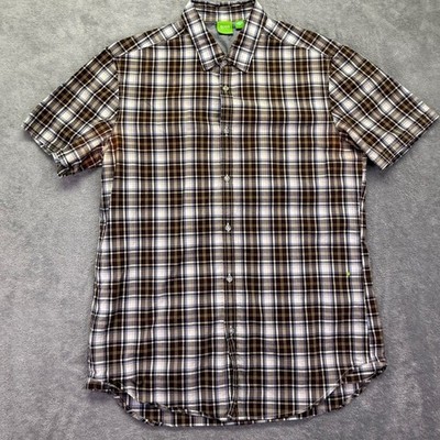 Kids Hugo Boss Plaid Short Sleeve Button Down Shirt Brown Blue Youth L