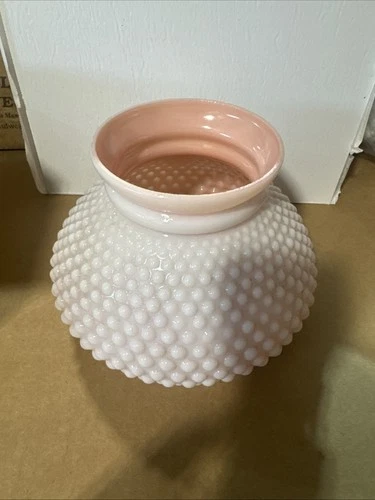 Antique Vtg Milk Glass Lamp Shade Pink & White Hobnail Dot Student Oil 7" Fitter