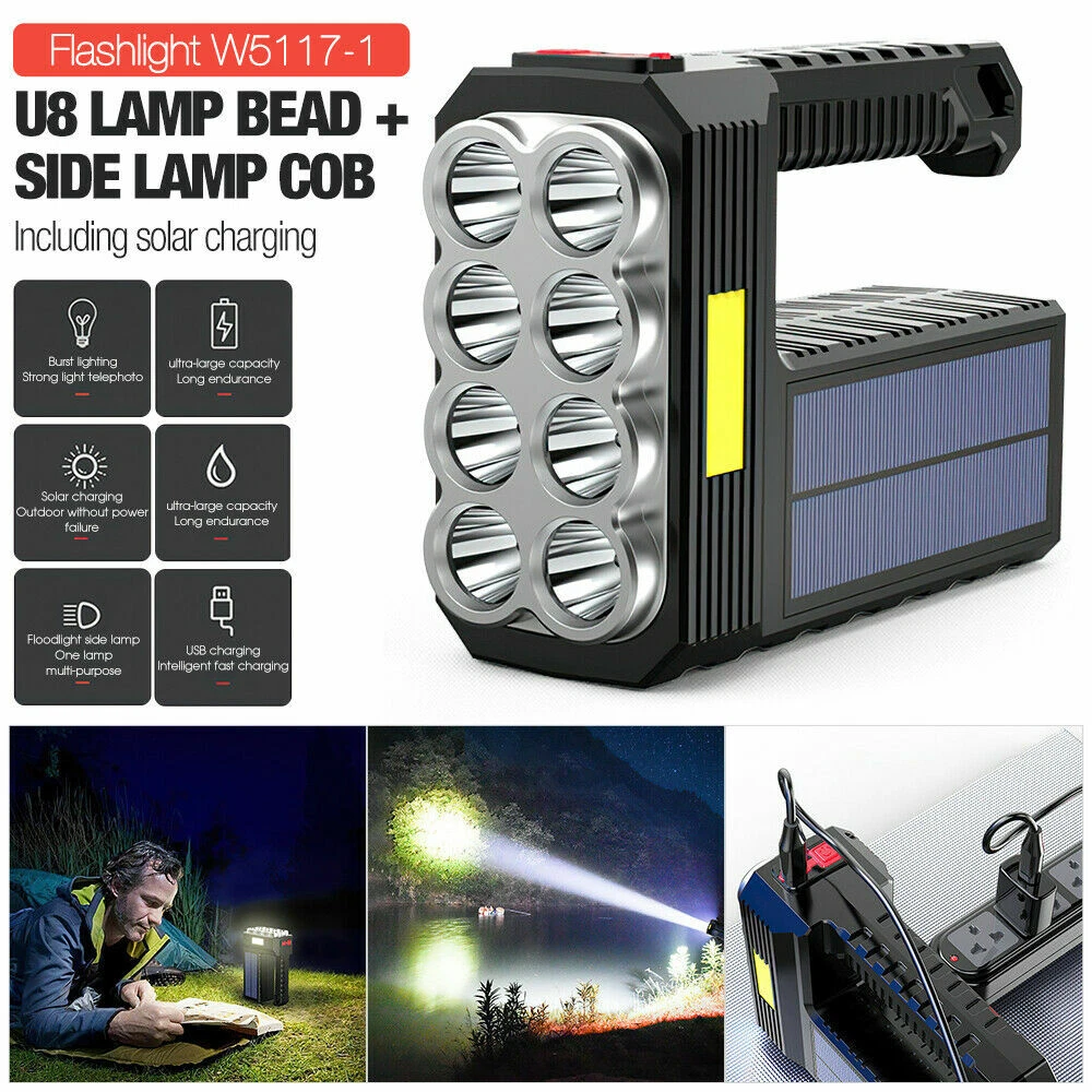 Proyector LED Solar Foco USB Recargable Antorcha de Mano Luz Camping Lámpara