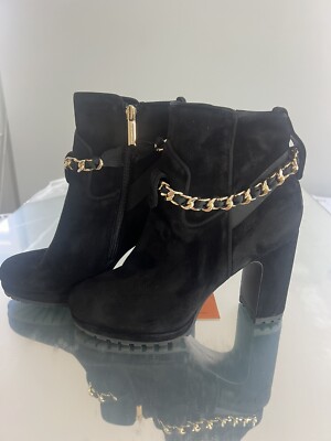 Karl Lagerfeld Lark Platform Bootie Black Suede Gold Chain Size 8.5