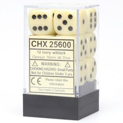 Chessex Opaque Ivory with Black 12 Dice Set - 6 Sided - 16mm d6 Dice Block