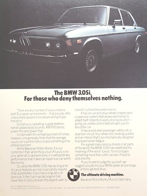 BMW 3.0Si Ultimate Driving Machine Sumptuous Smooth Luxury Vintage Print Ad 1975